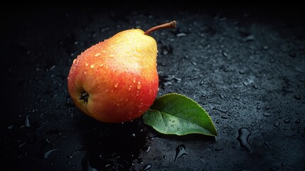 Wall Mural - Fresh pear fruit and cut with dark background on table