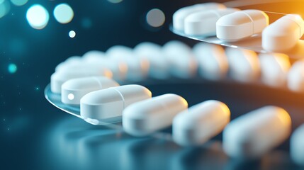 Close-up of white capsules on a reflective surface with colorful bokeh background, representing health and wellness themes.