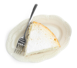 Wall Mural - Piece of delicious sponge cake with powdered sugar and fork isolated on white, top view