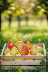 Canvas Print - Fresh pear fruit in wooden crate in orchard plantation farm