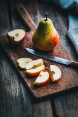 Wall Mural - Fresh pear fruit cut on cutting board with knife