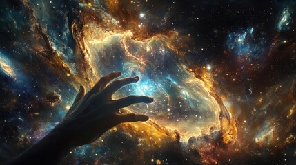 Canvas Print - aweinspiring depiction of cosmic creation swirling nebulas and galaxies emerging from void divine hand reaching into chaotic beauty of nascent universe blend of scientific and spiritual imagery