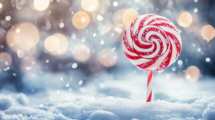 Christmas Swirl Lollipop on a Snowy Background with Bokeh Lights, Sweet Holiday Treats, Candies for Children.