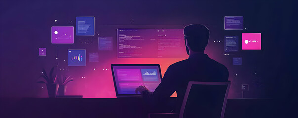 Illustration of Coding in Digital World - Programmer Work with Code and Data Analysis on Computer