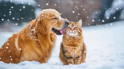 Purebred Happy golden retriever dog and grumpy kitten in the snow, funny cute friendship adorable puppy kissing tabby cat, fur covered in snowflakes, domestic pets enjoying winter