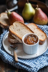 Wall Mural - Fresh homemade pear jam on breakfast bread with pear fruit