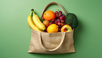 Top view of a fruit-filled bag against a light green background, highlighting fresh, organic, and healthy produce for wellness and nutrition themes