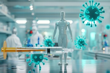 A futuristic lab scene featuring a syringe, a human model, and virus illustrations, highlighting medical research and vaccination.