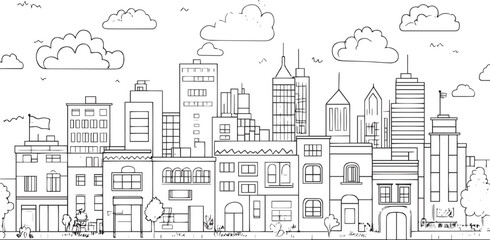 City landscape. Line urban backdrop. Skyline with clouds, different buildings on street, doodle street draw, outline cityscape hand sketch, flat houses. Hand drawn vector illustration	