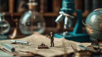 A miniature figure conducting experiments in a vintage scientific setting with glassware and a microscope.