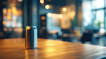 Wall Mural - blurred ambiance wooden office counter with defocused background abstract interior montage beverage can silhouette