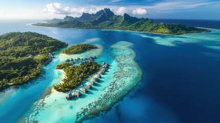 breathtaking aerial view of bora boras turquoise lagoon and lush green islands overwater bungalows dot crystalclear waters showcasing the ultimate tropical paradise