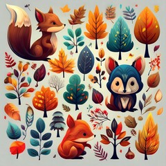 Wall Mural - Cozy Autumn Fall Forest Elements - set of whimsical fall forest icons, including cute fox, leaves, mushrooms, acorns. Graphic art illustration symbols