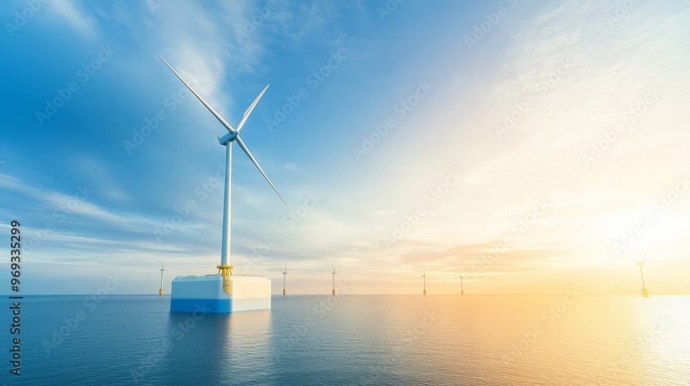 A futuristic wind farm floating in the ocean, with AIdriven turbines ...