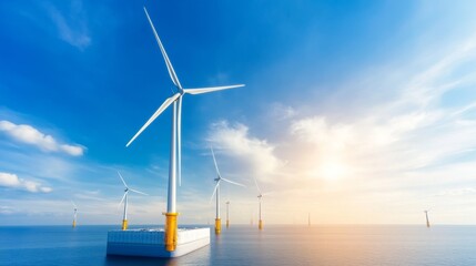 a futuristic wind farm floating in the ocean, with aidriven turbines optimizing energy output in rea
