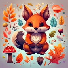 Wall Mural - Cozy Autumn Fall Forest Elements - set of whimsical fall forest icons, including cute fox, leaves, mushrooms, acorns. Graphic clip art illustration