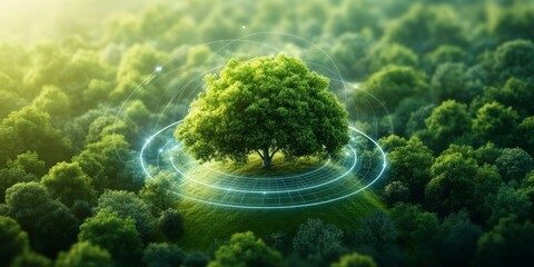 A smart forest with sensors monitoring air quality, wildlife movement, and tree health, connected to a central AI system Perfect for conservation projects, IoT technology blogs, and sustainability