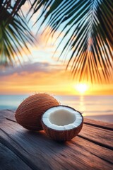 Wall Mural - Coconut fruit closeup view with coconut tree leaf on wooden table with tropical sea at sunset