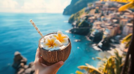 Tasty coconut drink with straw in hand in hot tropical summer