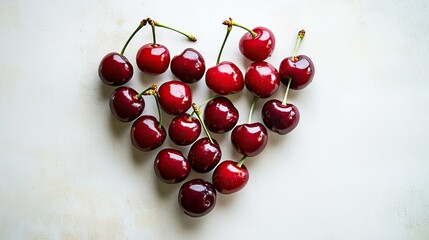 A cluster of ripe, juicy cherries with stems, arranged in a heart shape on a white surface.