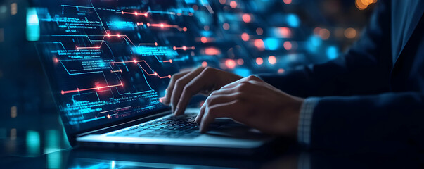 Programming Illustration: Software Developer Coding on Laptop with Abstract Code Overlay
