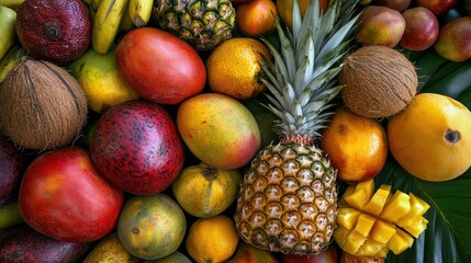 A variety of tropical fruits, including pineapple, mango, and coconut, arranged in a colorful display.