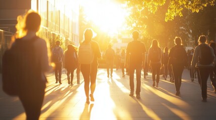 bustling college campus on a sundrenched day blurred silhouettes of diverse students hurrying between classes warm light vibrant atmosphere and sense of youthful energy