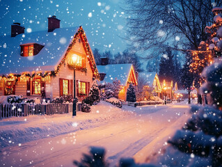 Christmas village at night, houses decorated with garlands, lighted windows, falling snow and warm glow from street lamps, cozy and festive atmosphere.