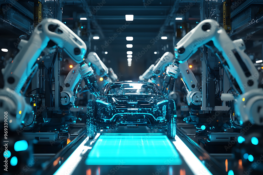 Abstract digital background showcasing a high-tech factory where robots ...