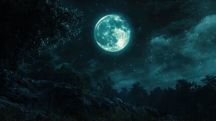 Wall Mural - photo: a mystical landscape with the moon glowing in the night sky, representing the intrigue of the