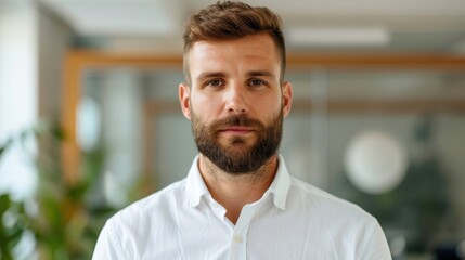 Portrait of a confident businessman wearing a white shirt, standing with arms crossed in a modern office. Professional and focused expression.