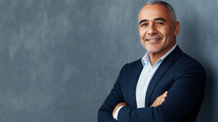 Wall Mural - Smiling confident latin hispanic mature business man standing isolated on grey background. Older senior businessman, 40s 50s male professional ceo, coach, leader looking at camera. with generative ai