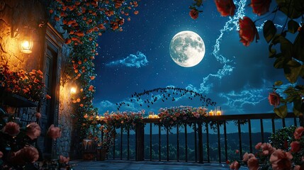 Wall Mural - this is on the balcony of a modern high-end restaurant, surrounded by some flowers and candles, the 