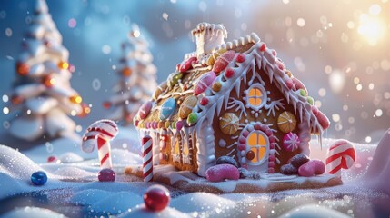 whimsical gingerbread house with candy decorations frosted roof gumdrop path festive holiday illustration style christmas baking concept