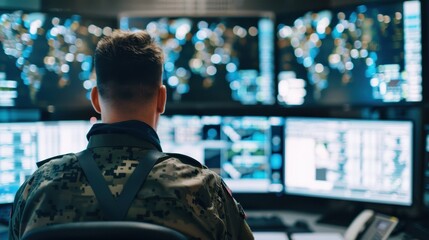 A military officer in camouflage uniform monitors several screens in a command center, focused on analyzing data and global operations, highlighting technology and defense strategy.