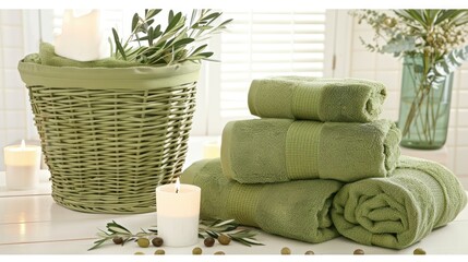 Sticker - A basket of green towels on the table