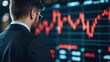 © kokoson6 - A businessman in a suit and glasses observes a stock market graph on a large screen, displaying fluctuating data.