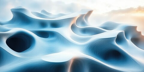 Abstract blue landscape with smooth, flowing shapes.