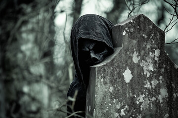 A person is standing in front of a stone monument with a hood over their head