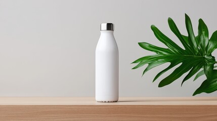 Stylish white water bottle on a wooden surface with a green plant in the background, perfect for eco-friendly lifestyle concepts.