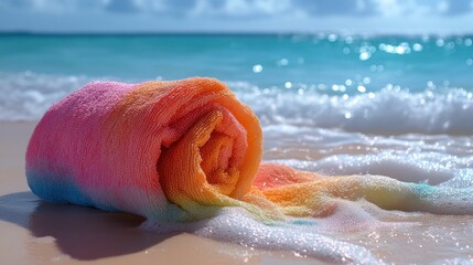 A colorful towel rolled on a beach, near gentle ocean waves.