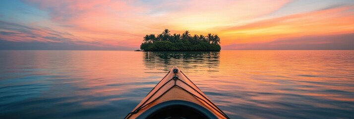 Poster - Kayak boat in tropical sea water with small island and coconut trees at sunset