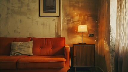 Inside a flat an orange couch and a lamp on a cabinet