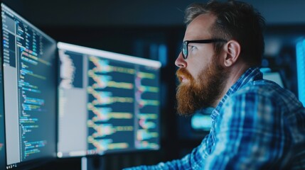 software developer working on multiple monitors, writing code in a dimly lit office setting. focused