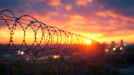 Poster - A barbed wire fence against a vibrant sunset, symbolizing separation and boundaries.