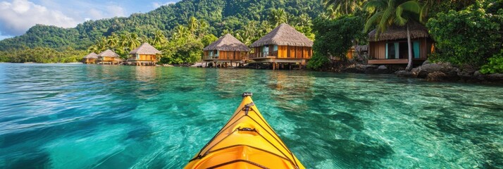 Poster - Kayak boat in tropical sea water with coconut trees Bungalows