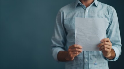 Close-up of a man in a light blue shirt holding a blank sheet of paper in front of his chest against a plain, dark background.