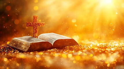 A Bible with a cross, illuminated by warm light, symbolizing faith and spirituality.