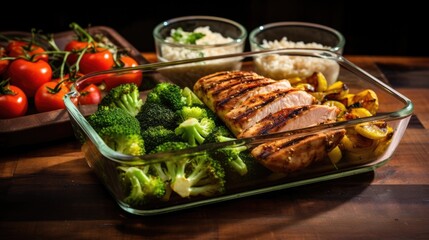 Wall Mural - A well-organized meal prep station with neatly portioned containers of grilled chicken, brown rice, and steamed broccoli, all labeled and ready for the week