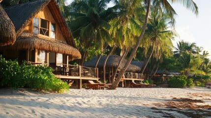 Wall Mural - Luxury beachside resort with thatched-roof bungalows and palm trees swaying in the breeze.